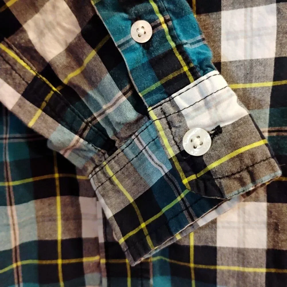 Old Navy Blue Gray Plaid Long Sleeve Button Down Shirt Size S